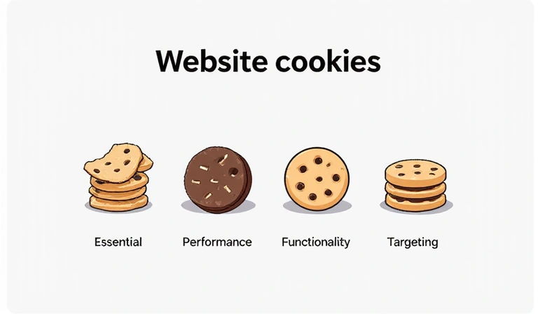 Εικόνα που απεικονίζει διάφορα είδη cookies ιστοσελίδων, με ετικέτες για την κατηγοριοποίησή τους, όπως 'Απαραίτητα', 'Απόδοσης', 'Λειτουργικότητας', και 'Στόχευσης', σε ένα καθαρό και μοντέρνο στυλ.